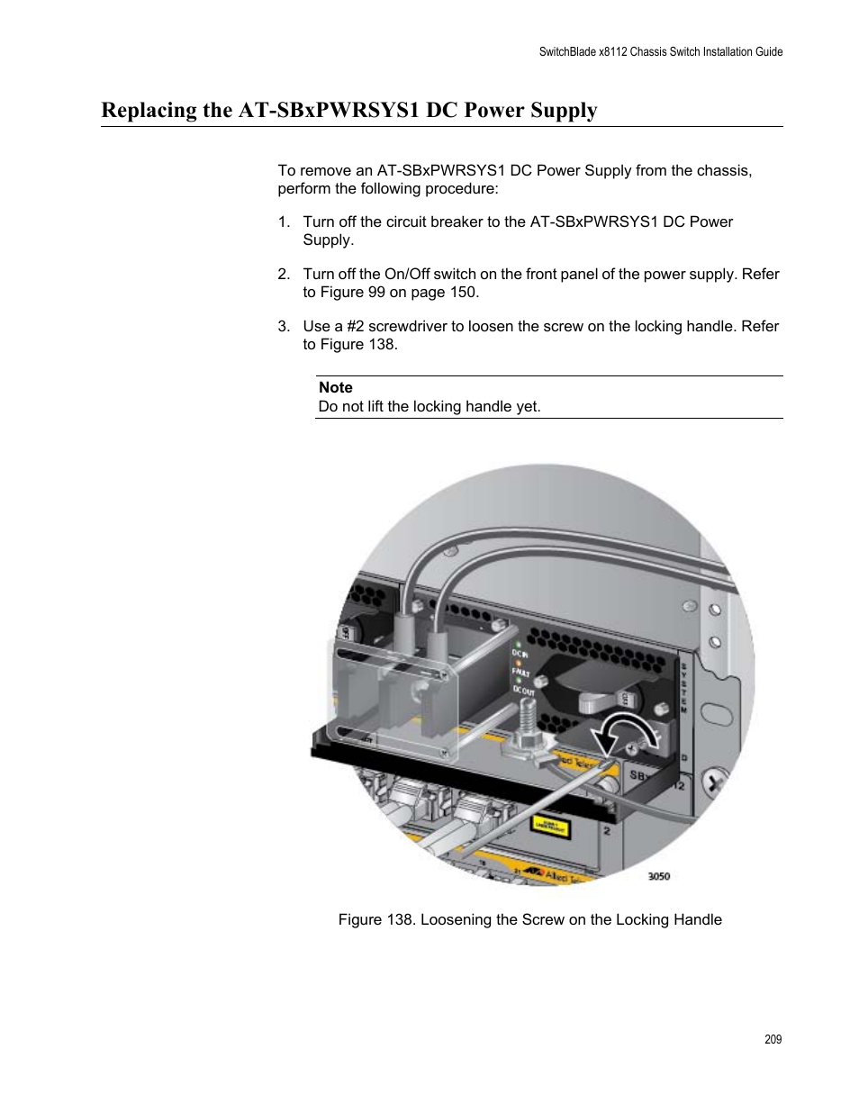Replacing the at-sbxpwrsys1 dc power supply | Allied Telesis SwitchBlade x8112 User Manual | Page 209 / 240