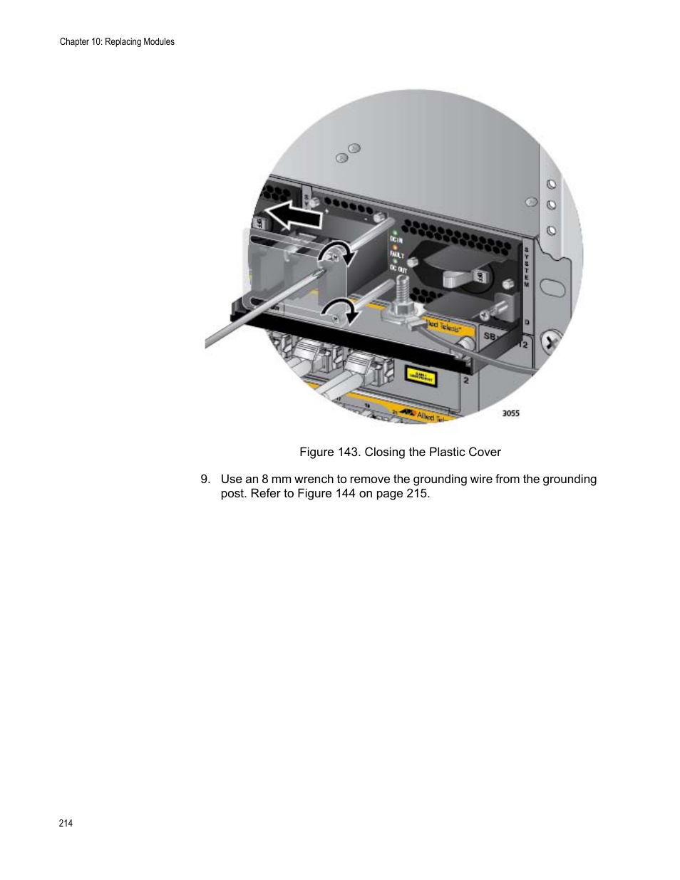 Figure 143: closing the plastic cover | Allied Telesis SwitchBlade x8112 User Manual | Page 214 / 240