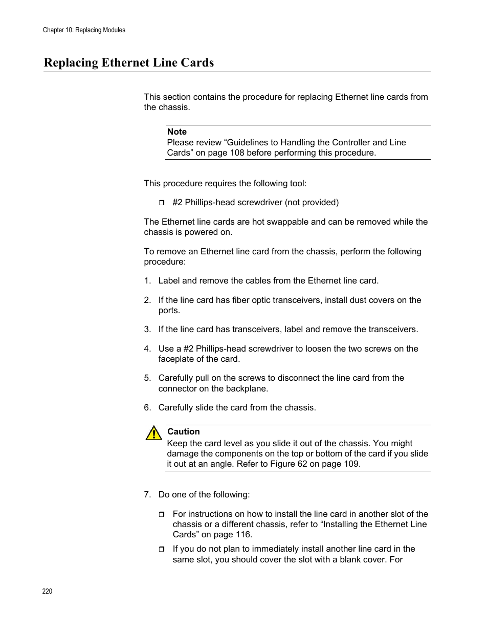 Replacing ethernet line cards | Allied Telesis SwitchBlade x8112 User Manual | Page 220 / 240