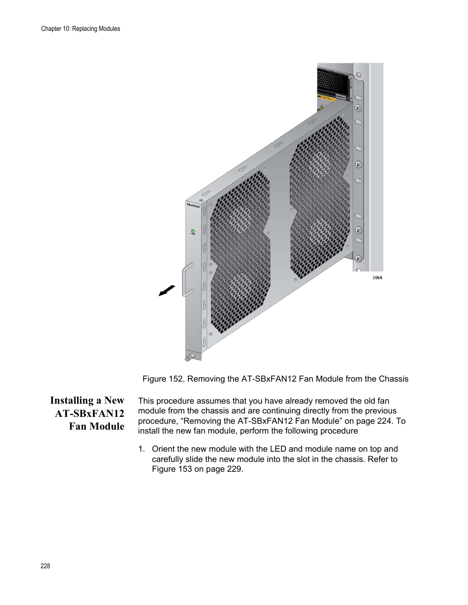 Installing a new at-sbxfan12 fan module | Allied Telesis SwitchBlade x8112 User Manual | Page 228 / 240
