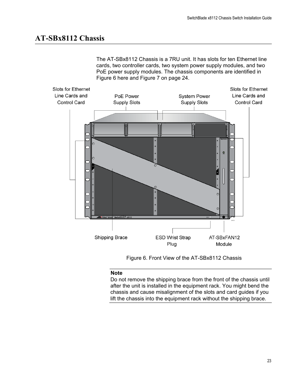 At-sbx8112 chassis, Figure 6: front view of the at-sbx8112 chassis | Allied Telesis SwitchBlade x8112 User Manual | Page 23 / 240