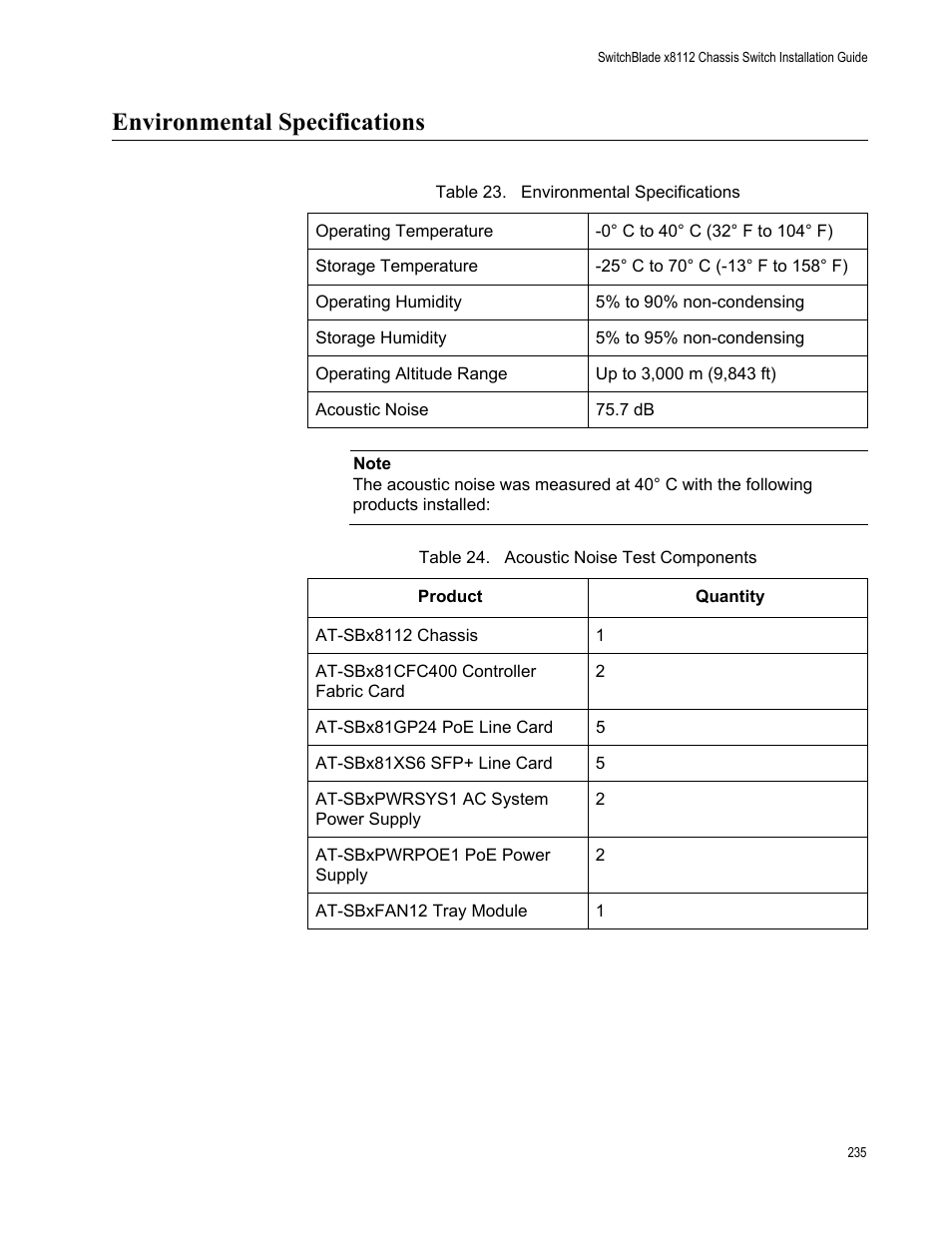 Environmental specifications | Allied Telesis SwitchBlade x8112 User Manual | Page 235 / 240