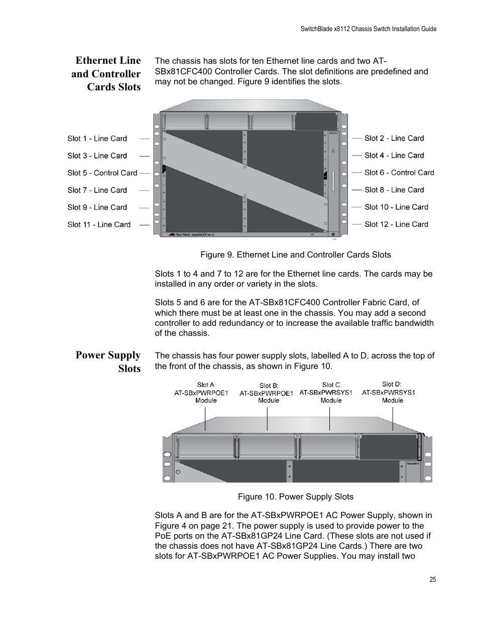 Ethernet line and controller cards slots, Power supply slots | Allied Telesis SwitchBlade x8112 User Manual | Page 25 / 240