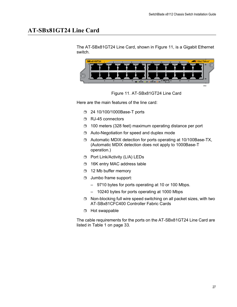 At-sbx81gt24 line card, Figure 11: at-sbx81gt24 line card | Allied Telesis SwitchBlade x8112 User Manual | Page 27 / 240