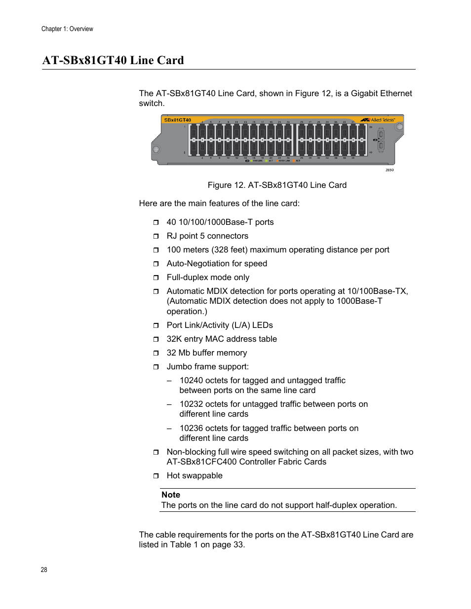 At-sbx81gt40 line card, Figure 12: at-sbx81gt40 line card | Allied Telesis SwitchBlade x8112 User Manual | Page 28 / 240