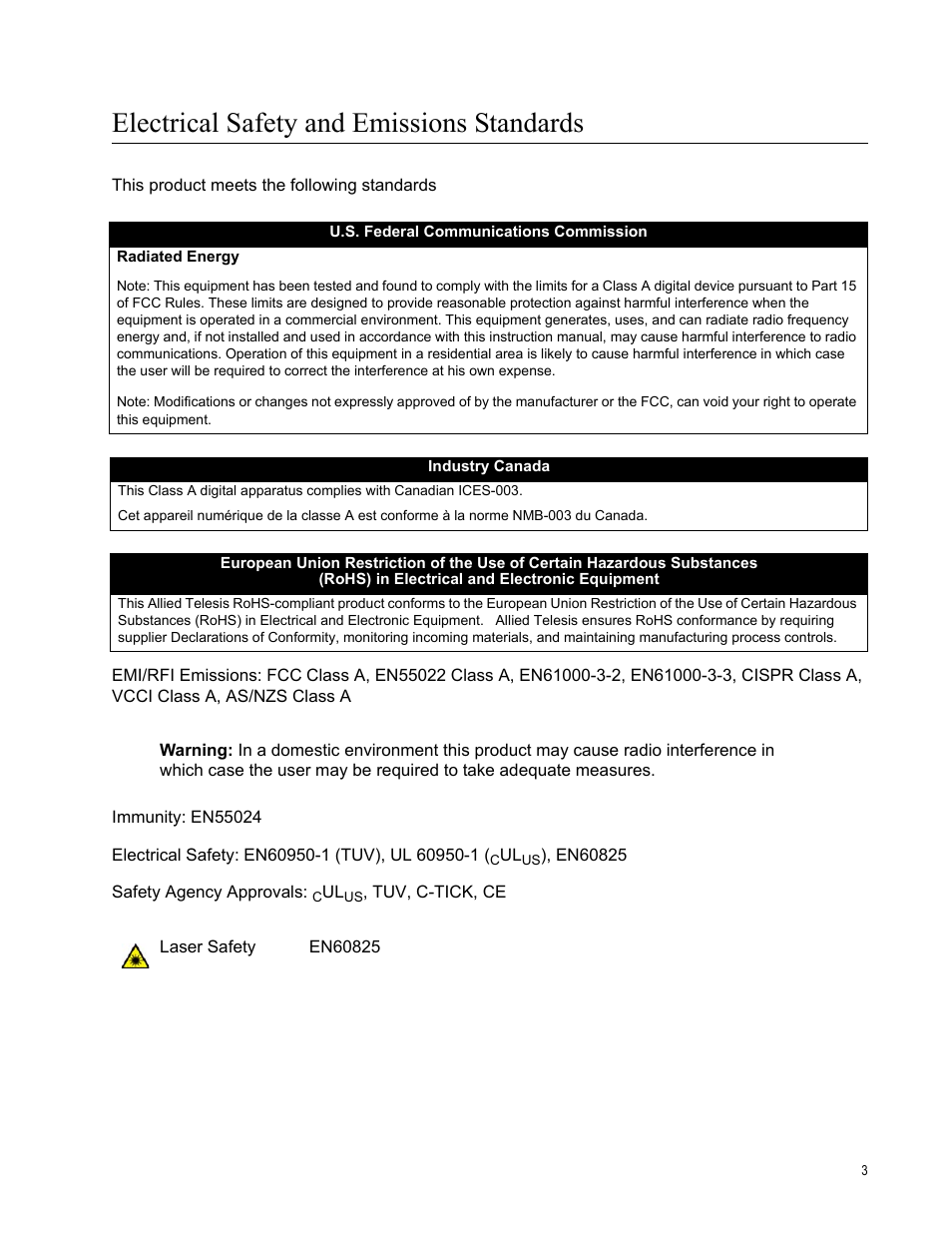 Electrical safety and emissions standards | Allied Telesis SwitchBlade x8112 User Manual | Page 3 / 240