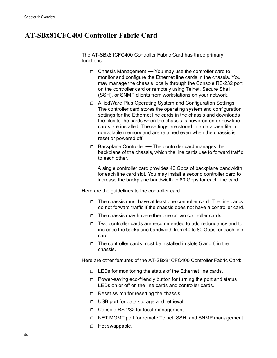 At-sbx81cfc400 controller fabric card | Allied Telesis SwitchBlade x8112 User Manual | Page 44 / 240