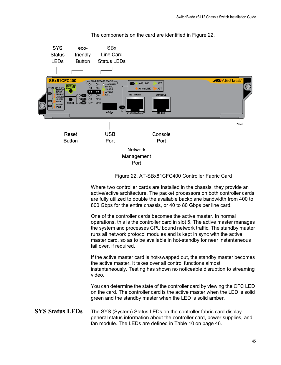 Sys status leds, Figure 22: at-sbx81cfc400 controller fabric card | Allied Telesis SwitchBlade x8112 User Manual | Page 45 / 240