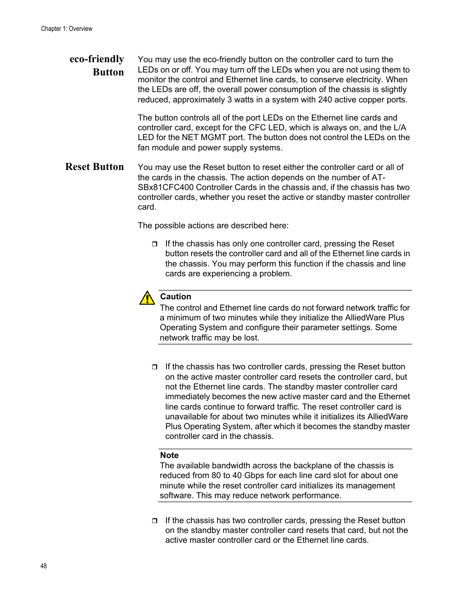 Eco-friendly button, Reset button, Eco-friendly button reset button | Allied Telesis SwitchBlade x8112 User Manual | Page 48 / 240