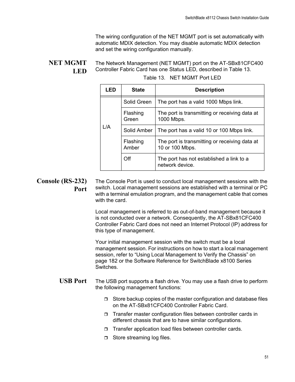 Net mgmt led, Console (rs-232) port, Usb port | Net mgmt led console (rs-232) port usb port, Table 13. net mgmt port led | Allied Telesis SwitchBlade x8112 User Manual | Page 51 / 240