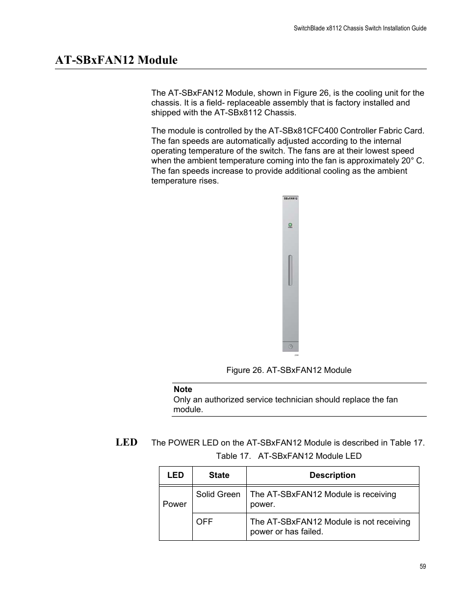 At-sbxfan12 module, Figure 26: at-sbxfan12 module, Table 17. at-sbxfan12 module led | Allied Telesis SwitchBlade x8112 User Manual | Page 59 / 240