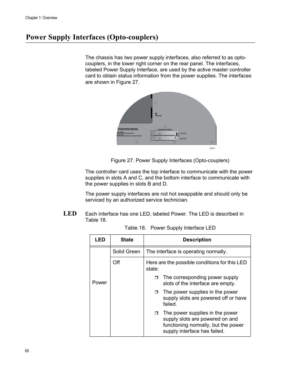Power supply interfaces (opto-couplers), Figure 27: power supply interfaces (opto-couplers), Table 18. power supply interface led | Allied Telesis SwitchBlade x8112 User Manual | Page 60 / 240
