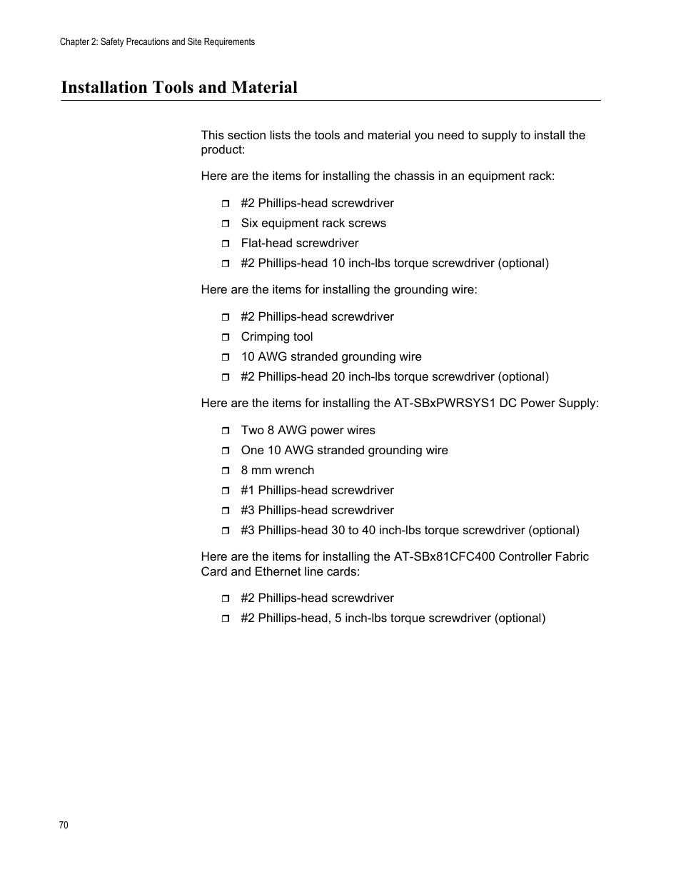 Installation tools and material | Allied Telesis SwitchBlade x8112 User Manual | Page 70 / 240
