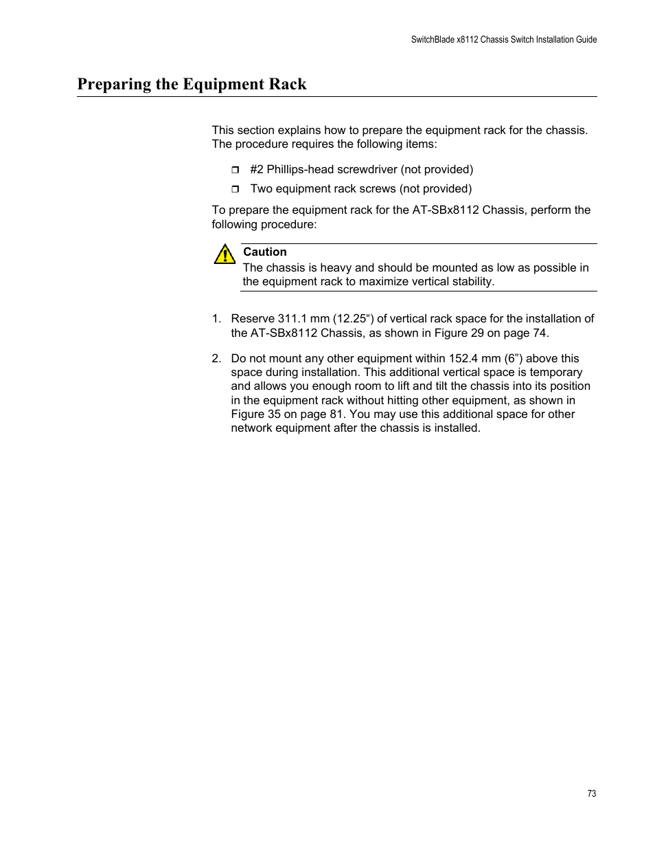 Preparing the equipment rack | Allied Telesis SwitchBlade x8112 User Manual | Page 73 / 240