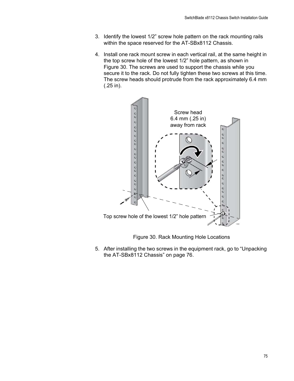 Figure 30: rack mounting hole locations | Allied Telesis SwitchBlade x8112 User Manual | Page 75 / 240