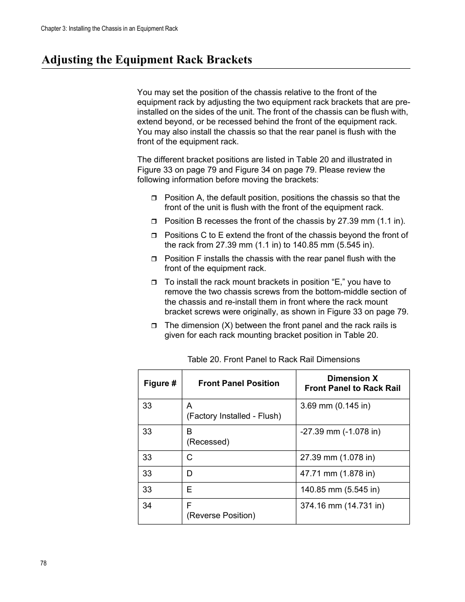 Adjusting the equipment rack brackets, Table 20. front panel to rack rail dimensions | Allied Telesis SwitchBlade x8112 User Manual | Page 78 / 240