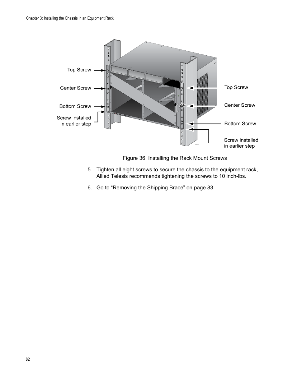 Figure 36: installing the rack mount screws | Allied Telesis SwitchBlade x8112 User Manual | Page 82 / 240