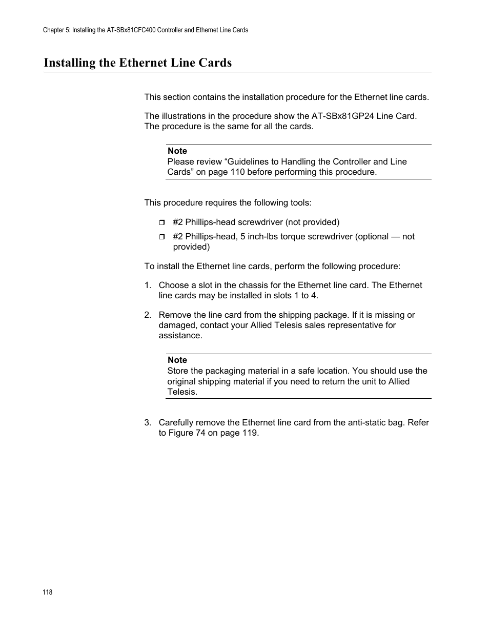 Installing the ethernet line cards | Allied Telesis SwitchBlade x8106 User Manual | Page 118 / 240
