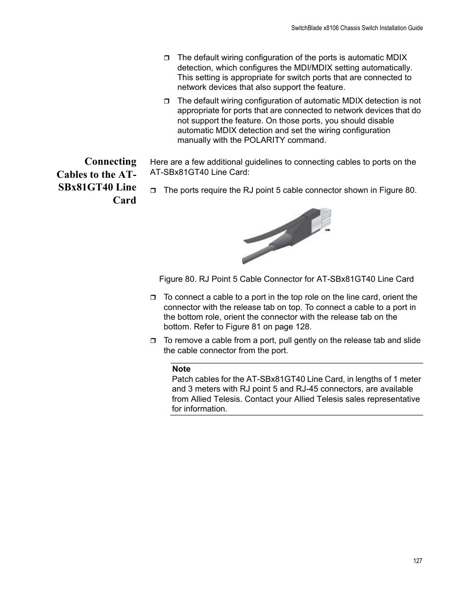 Connecting cables to the at- sbx81gt40 line card, Connecting cables to the at-sbx81gt40 line card | Allied Telesis SwitchBlade x8106 User Manual | Page 127 / 240
