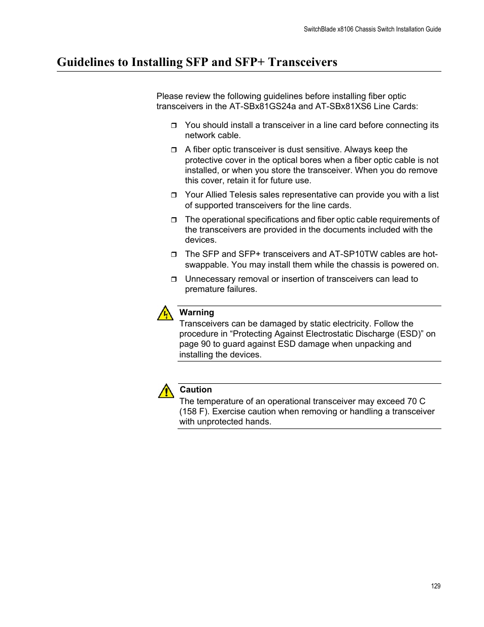 Guidelines to installing sfp and sfp+ transceivers | Allied Telesis SwitchBlade x8106 User Manual | Page 129 / 240