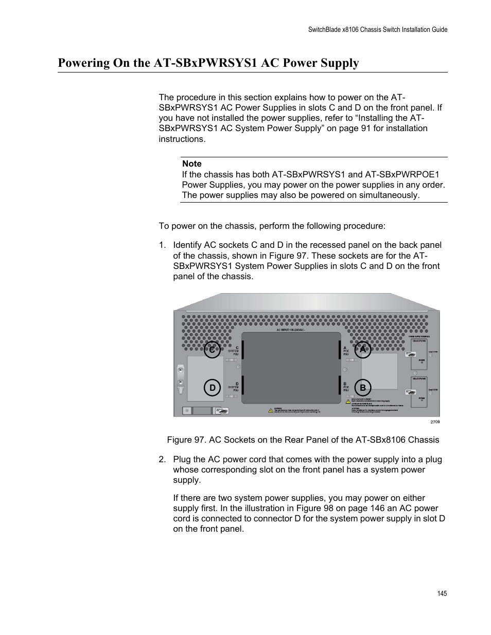 Powering on the at-sbxpwrsys1 ac power supply | Allied Telesis SwitchBlade x8106 User Manual | Page 145 / 240