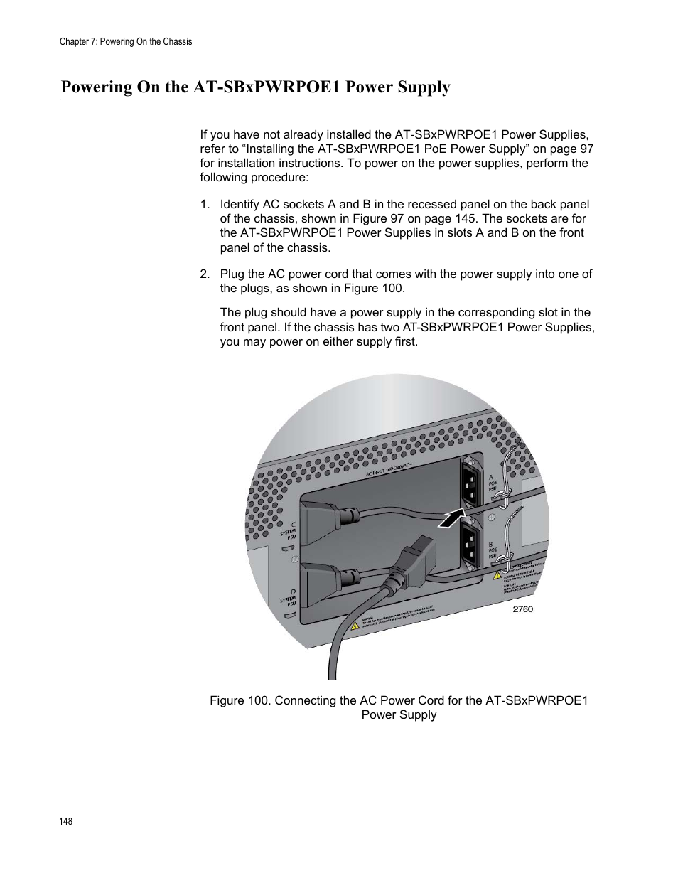 Powering on the at-sbxpwrpoe1 power supply | Allied Telesis SwitchBlade x8106 User Manual | Page 148 / 240