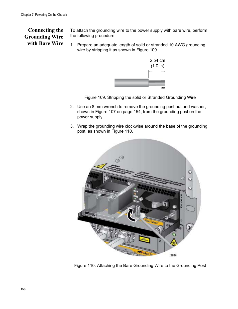 Connecting the grounding wire with bare wire, Stripping the solid or stranded grounding wire | Allied Telesis SwitchBlade x8106 User Manual | Page 156 / 240