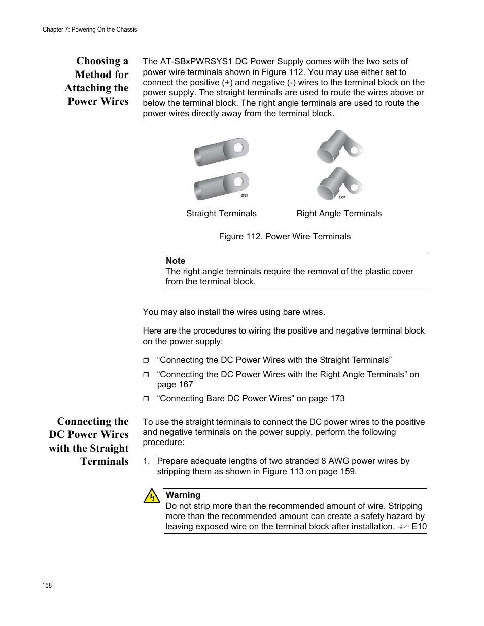Choosing a method for attaching the power wires, Figure 112: power wire terminals | Allied Telesis SwitchBlade x8106 User Manual | Page 158 / 240