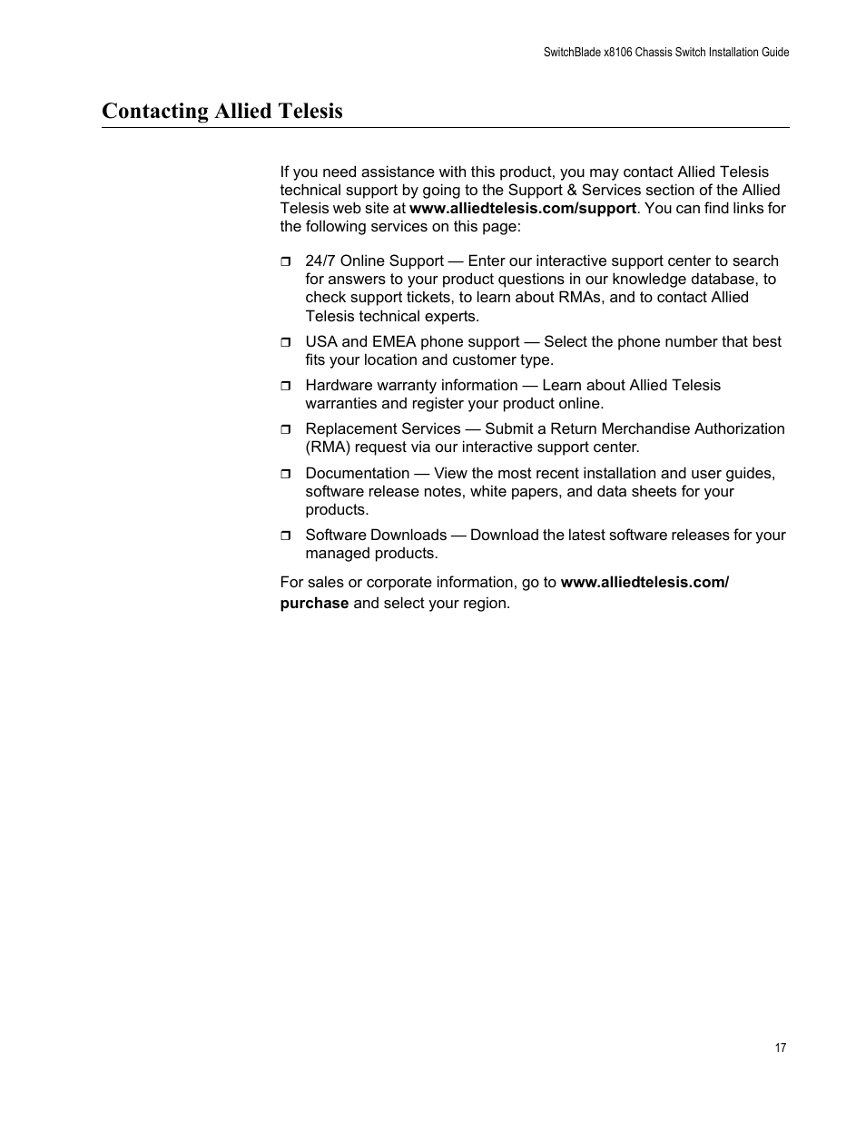 Contacting allied telesis | Allied Telesis SwitchBlade x8106 User Manual | Page 17 / 240
