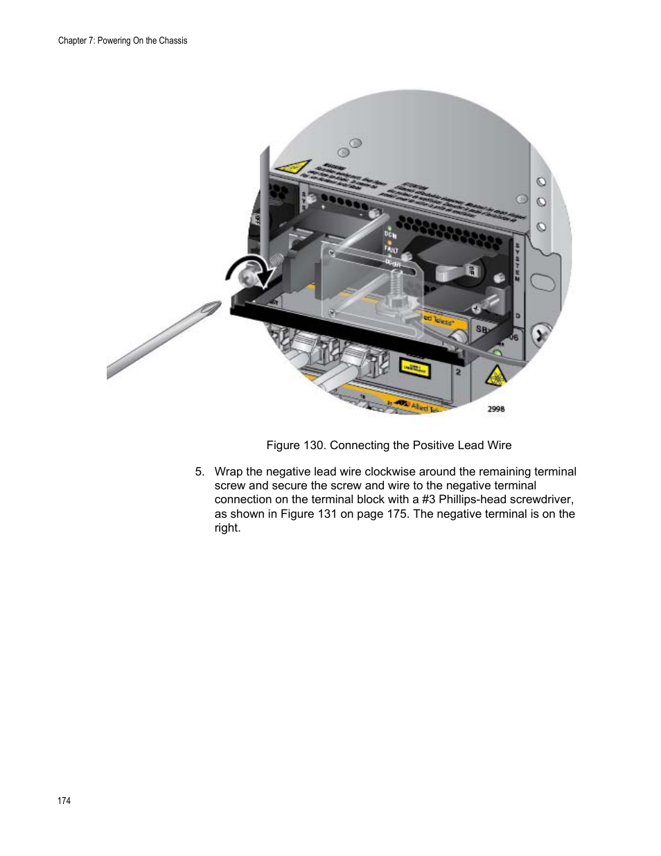 Figure 130: connecting the positive lead wire | Allied Telesis SwitchBlade x8106 User Manual | Page 174 / 240