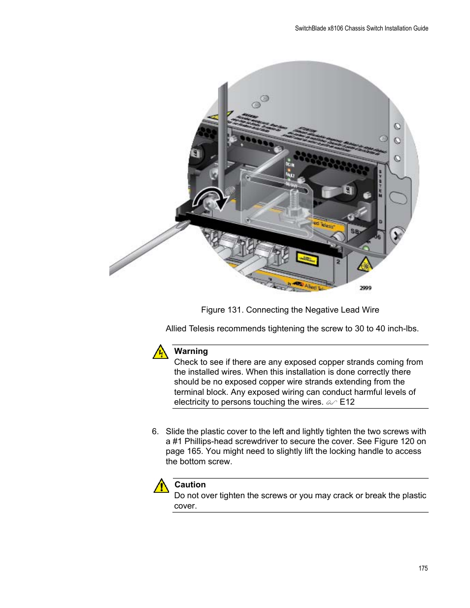 Figure 131: connecting the negative lead wire | Allied Telesis SwitchBlade x8106 User Manual | Page 175 / 240