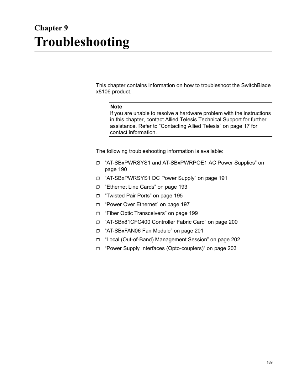 Chapter 9, Troubleshooting, Chapter 9: troubleshooting | Allied Telesis SwitchBlade x8106 User Manual | Page 189 / 240