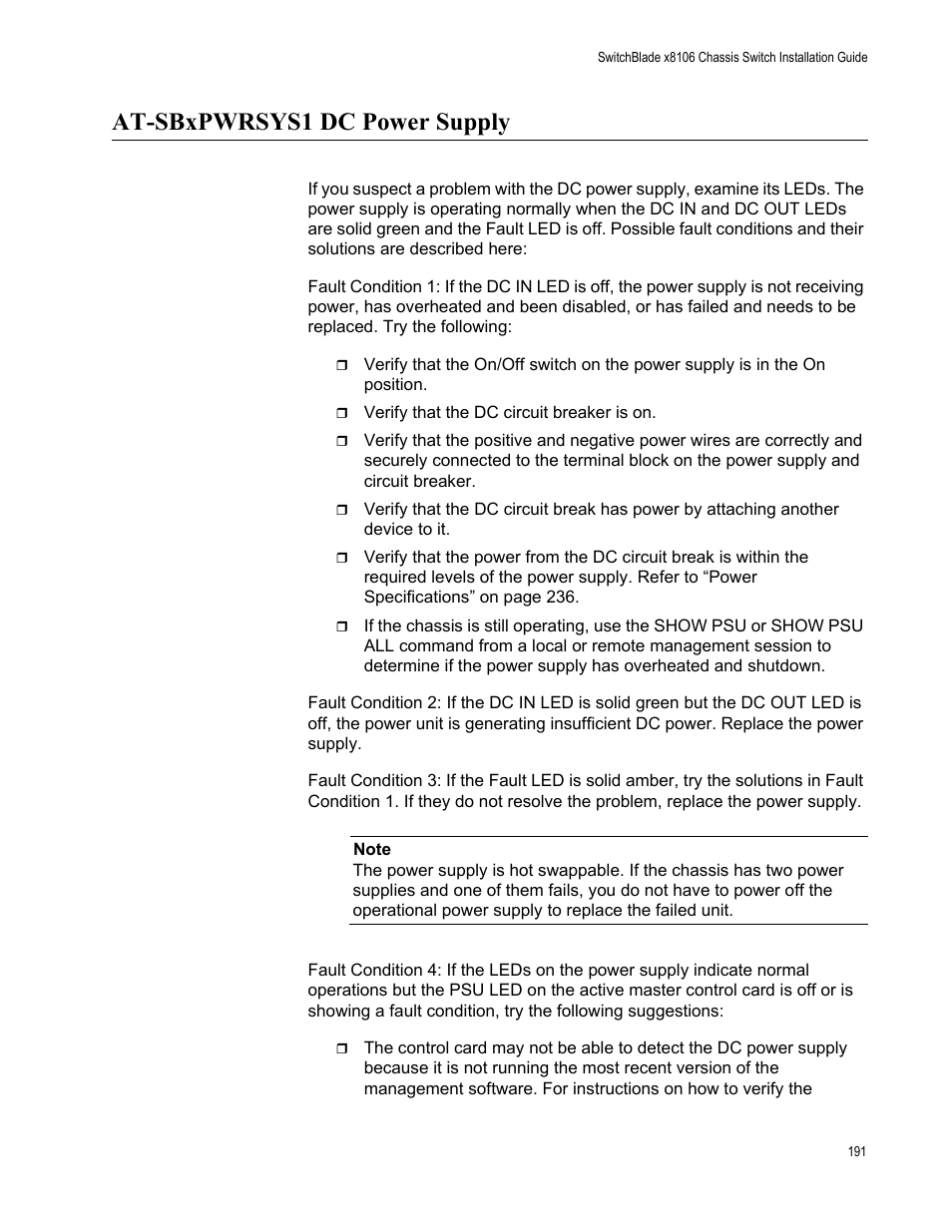 At-sbxpwrsys1 dc power supply | Allied Telesis SwitchBlade x8106 User Manual | Page 191 / 240