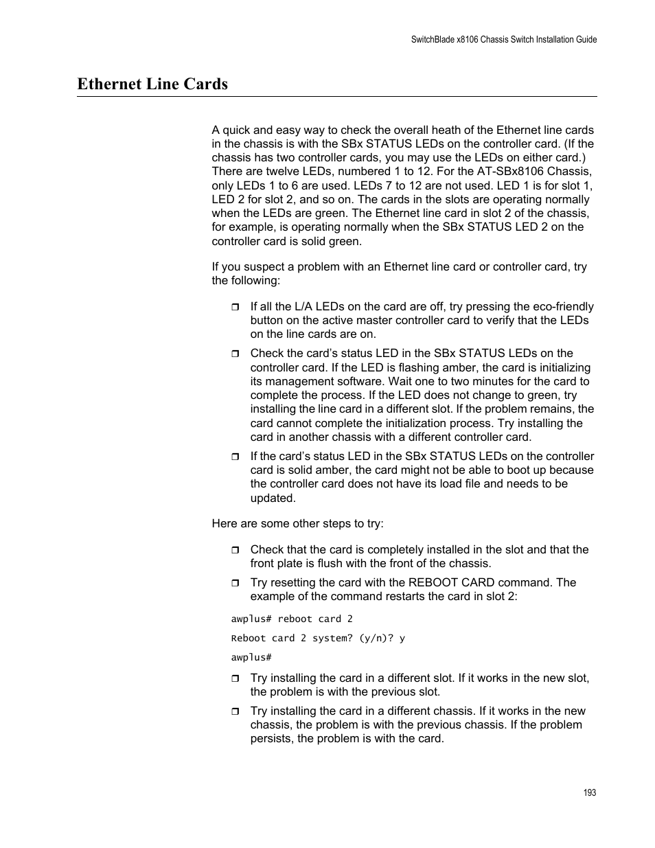 Ethernet line cards | Allied Telesis SwitchBlade x8106 User Manual | Page 193 / 240