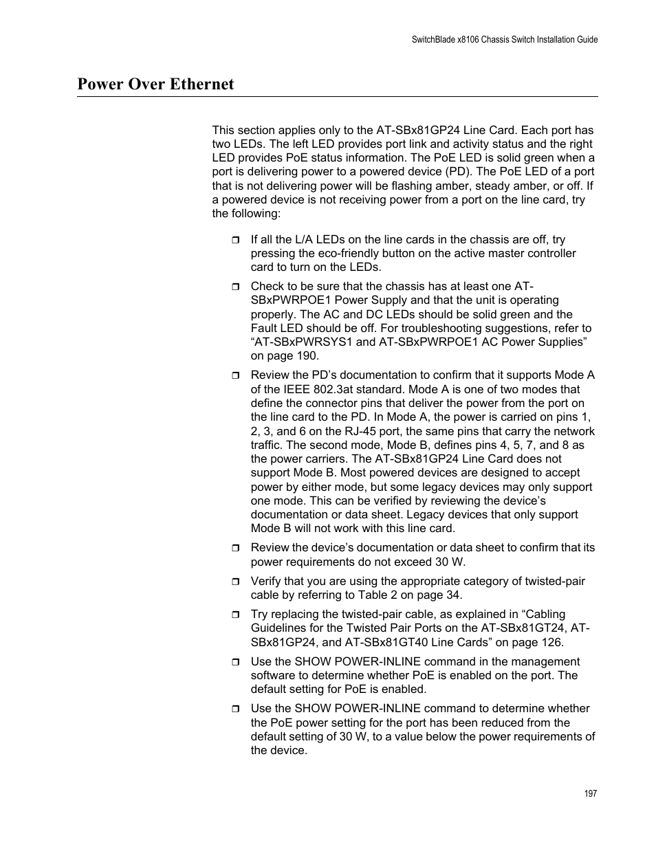Power over ethernet | Allied Telesis SwitchBlade x8106 User Manual | Page 197 / 240