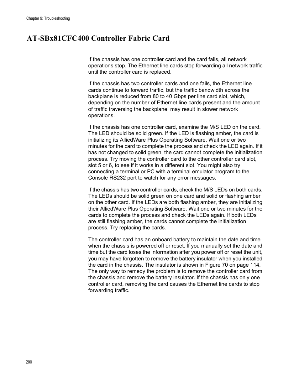 At-sbx81cfc400 controller fabric card | Allied Telesis SwitchBlade x8106 User Manual | Page 200 / 240