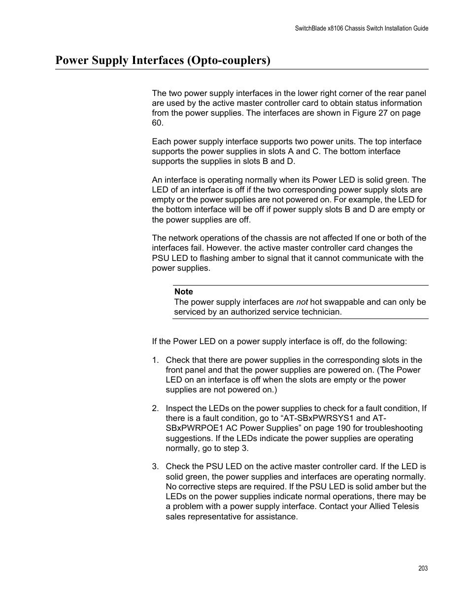 Power supply interfaces (opto-couplers) | Allied Telesis SwitchBlade x8106 User Manual | Page 203 / 240