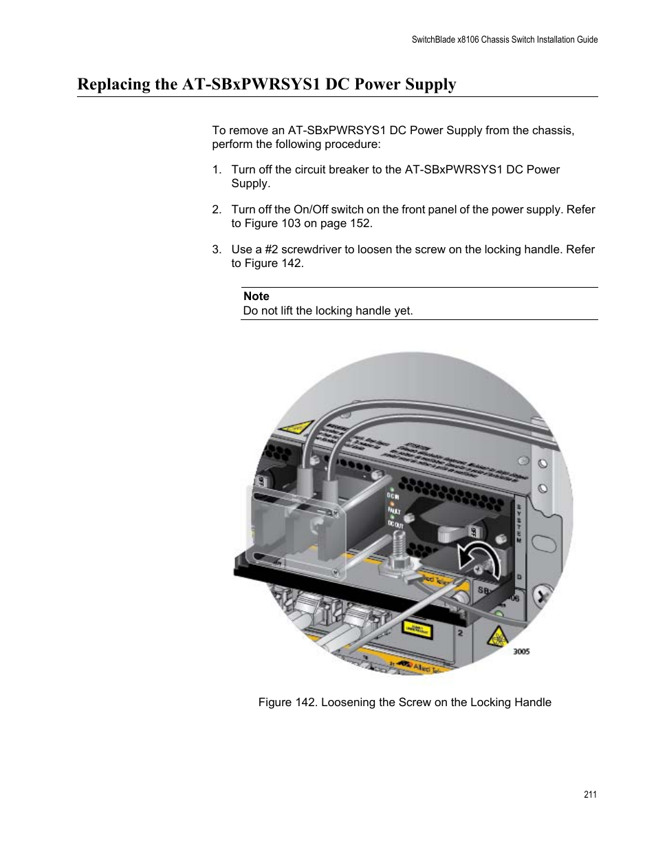 Replacing the at-sbxpwrsys1 dc power supply | Allied Telesis SwitchBlade x8106 User Manual | Page 211 / 240