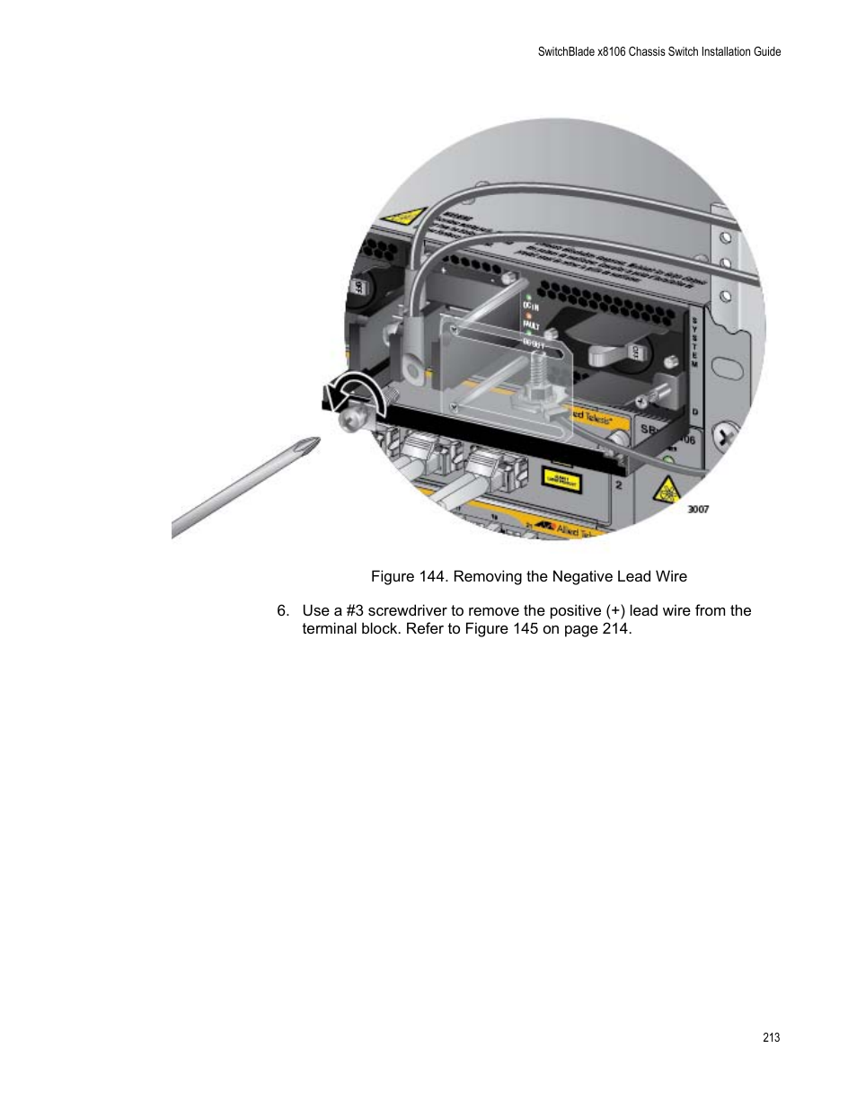 Figure 144: removing the negative lead wire | Allied Telesis SwitchBlade x8106 User Manual | Page 213 / 240