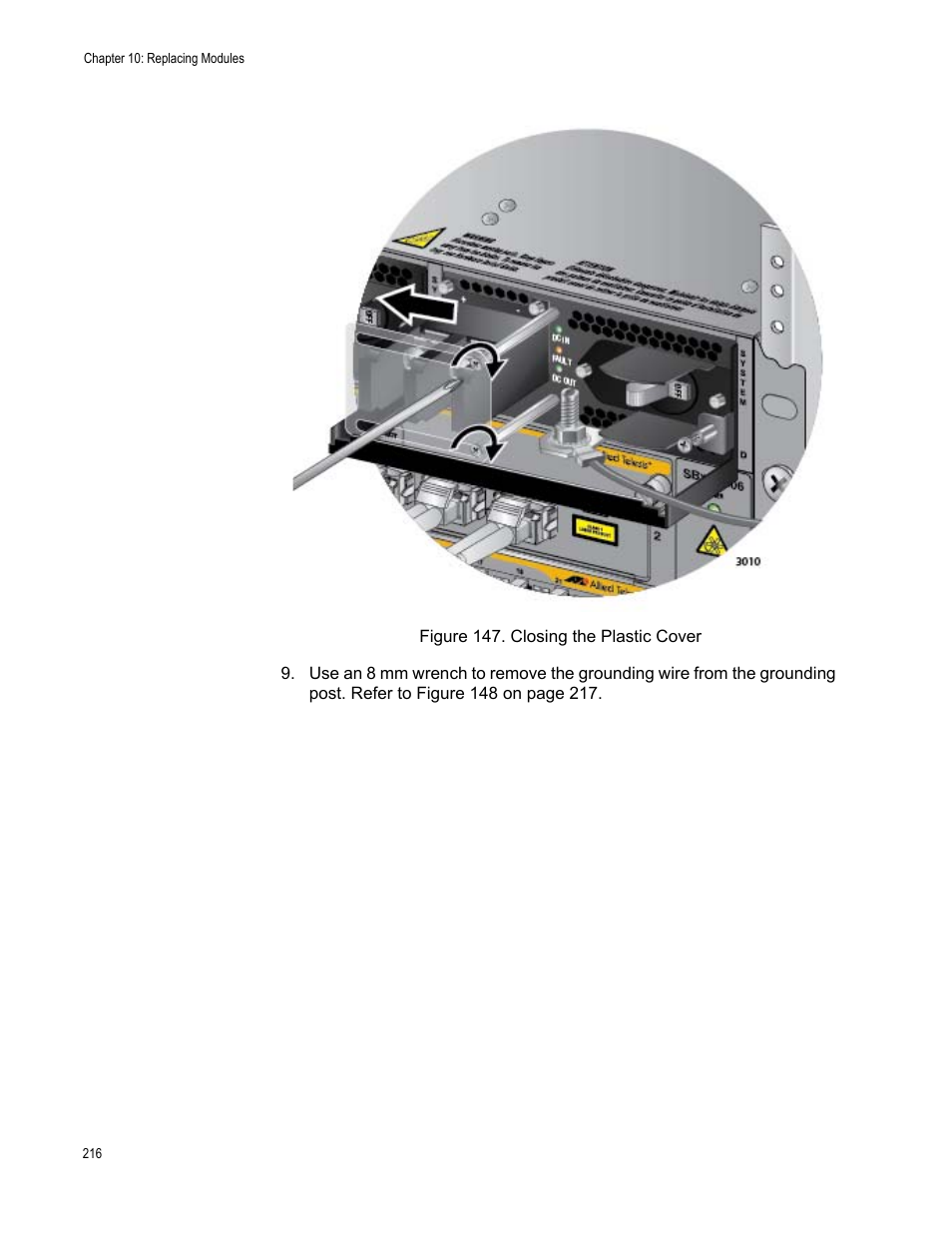Figure 147: closing the plastic cover | Allied Telesis SwitchBlade x8106 User Manual | Page 216 / 240