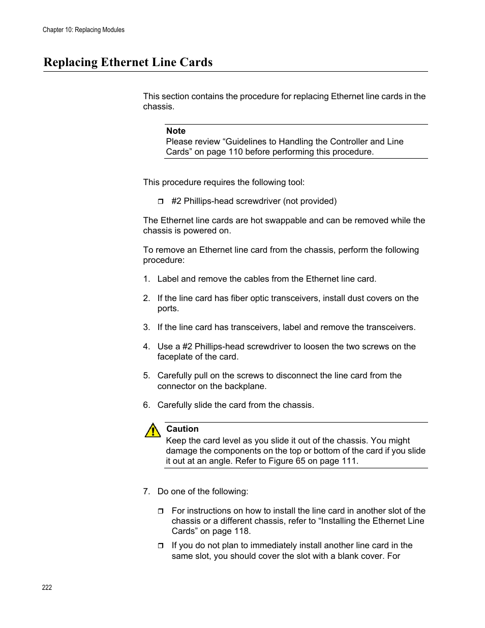 Replacing ethernet line cards | Allied Telesis SwitchBlade x8106 User Manual | Page 222 / 240
