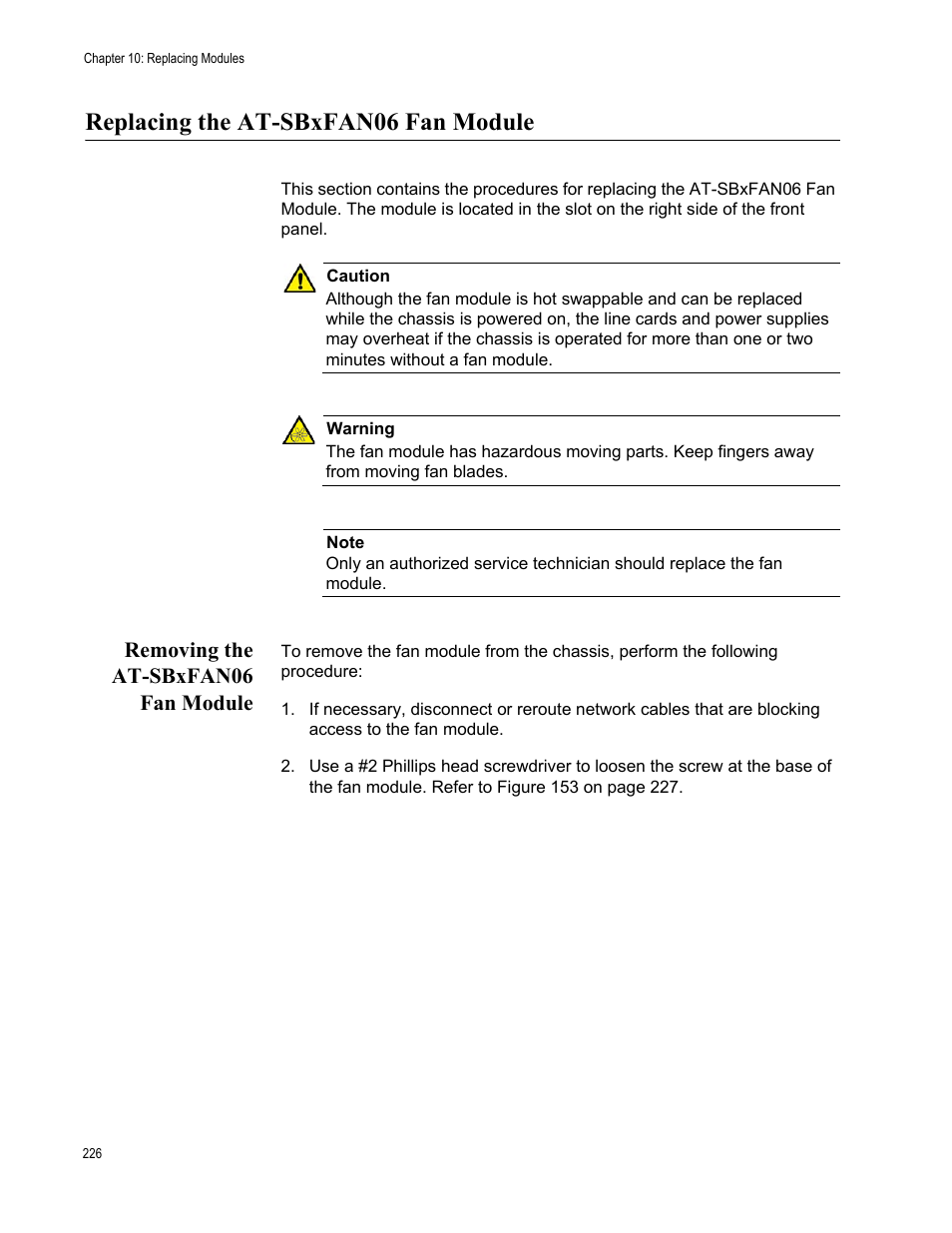 Replacing the at-sbxfan06 fan module, Removing the at-sbxfan06 fan module | Allied Telesis SwitchBlade x8106 User Manual | Page 226 / 240