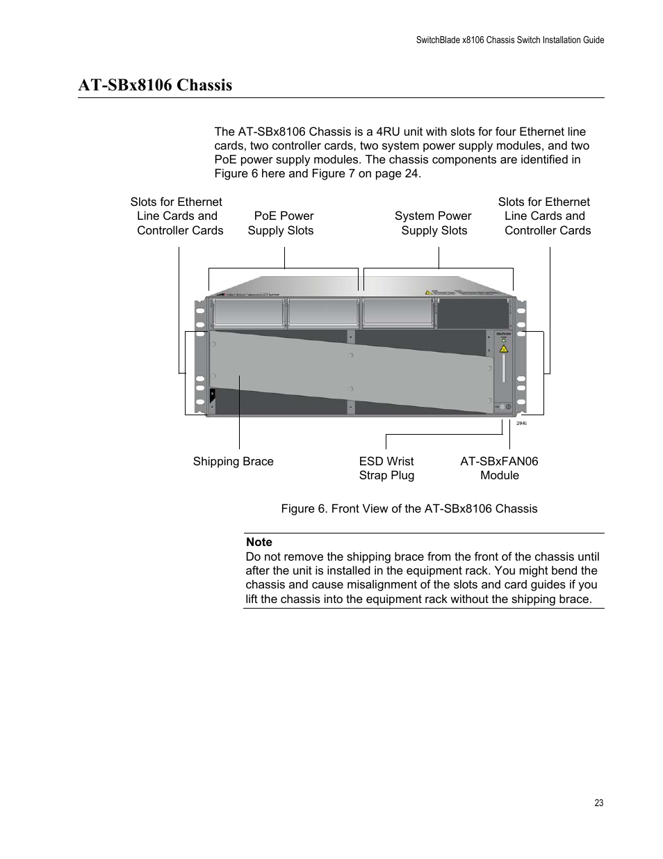At-sbx8106 chassis, Figure 6: front view of the at-sbx8106 chassis | Allied Telesis SwitchBlade x8106 User Manual | Page 23 / 240
