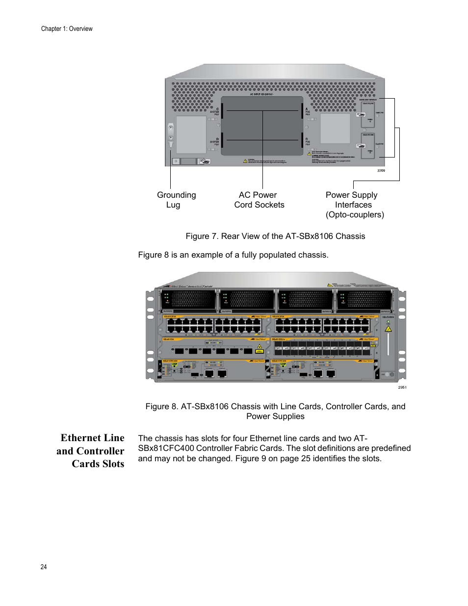 Ethernet line and controller cards slots | Allied Telesis SwitchBlade x8106 User Manual | Page 24 / 240