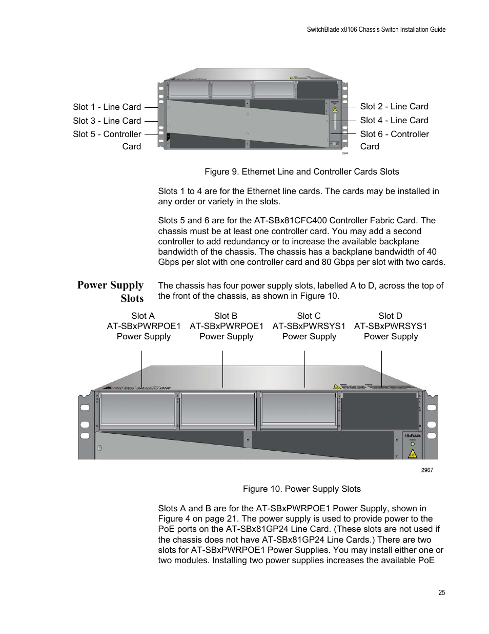 Power supply slots | Allied Telesis SwitchBlade x8106 User Manual | Page 25 / 240