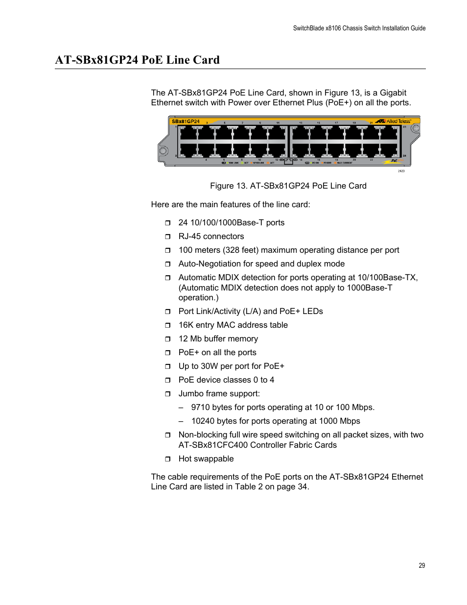 At-sbx81gp24 poe line card, Figure 13: at-sbx81gp24 poe line card | Allied Telesis SwitchBlade x8106 User Manual | Page 29 / 240