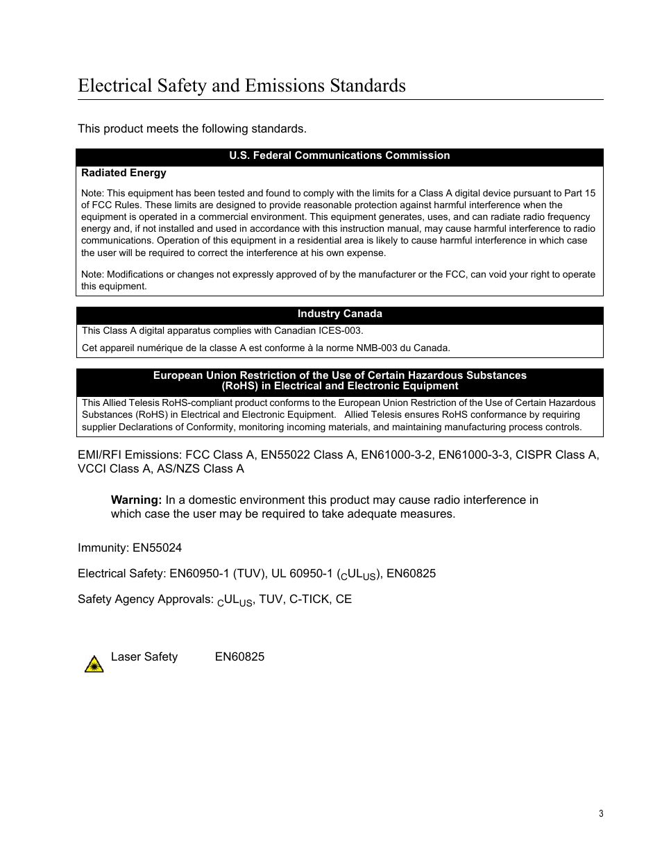 Electrical safety and emissions standards | Allied Telesis SwitchBlade x8106 User Manual | Page 3 / 240