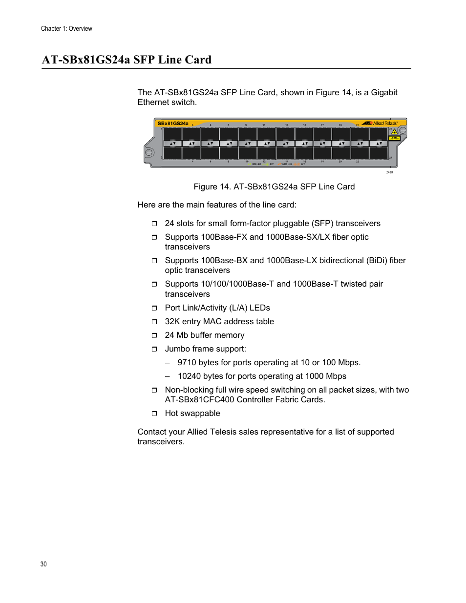 At-sbx81gs24a sfp line card, Figure 14: at-sbx81gs24a sfp line card | Allied Telesis SwitchBlade x8106 User Manual | Page 30 / 240
