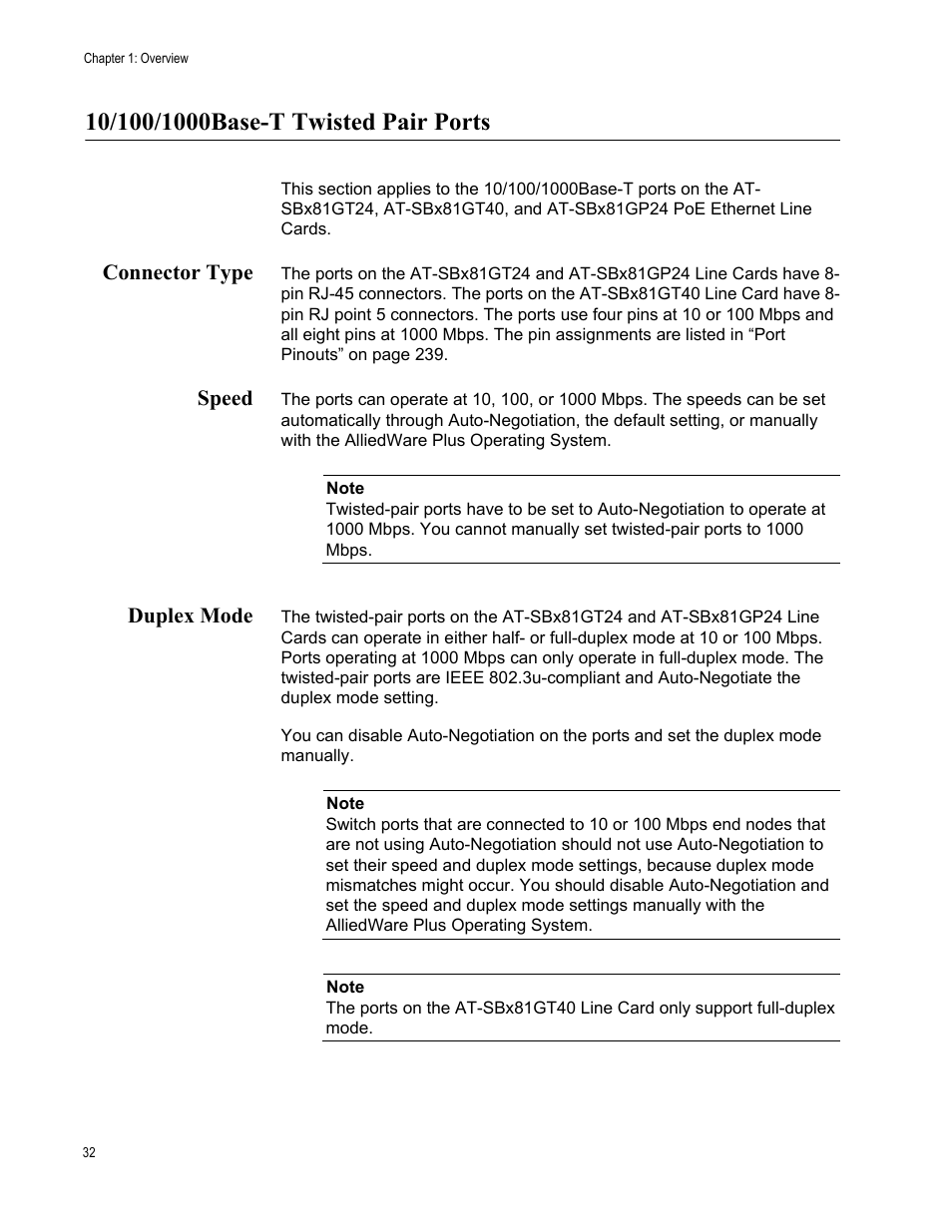 10/100/1000base-t twisted pair ports, Connector type, Speed | Duplex mode, Connector type speed duplex mode | Allied Telesis SwitchBlade x8106 User Manual | Page 32 / 240