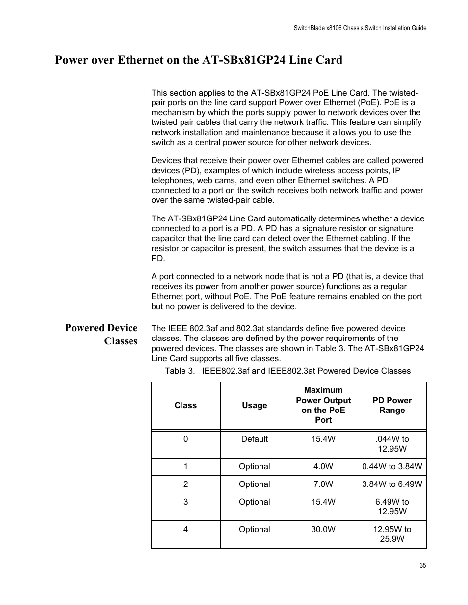 Power over ethernet on the at-sbx81gp24 line card, Powered device classes | Allied Telesis SwitchBlade x8106 User Manual | Page 35 / 240